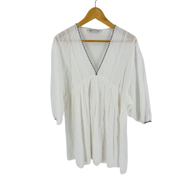 Zara Tops - Zara White Eyelet Peasant Mini Dress Size M Boho Embroidered Puff Sleeve Cottage
